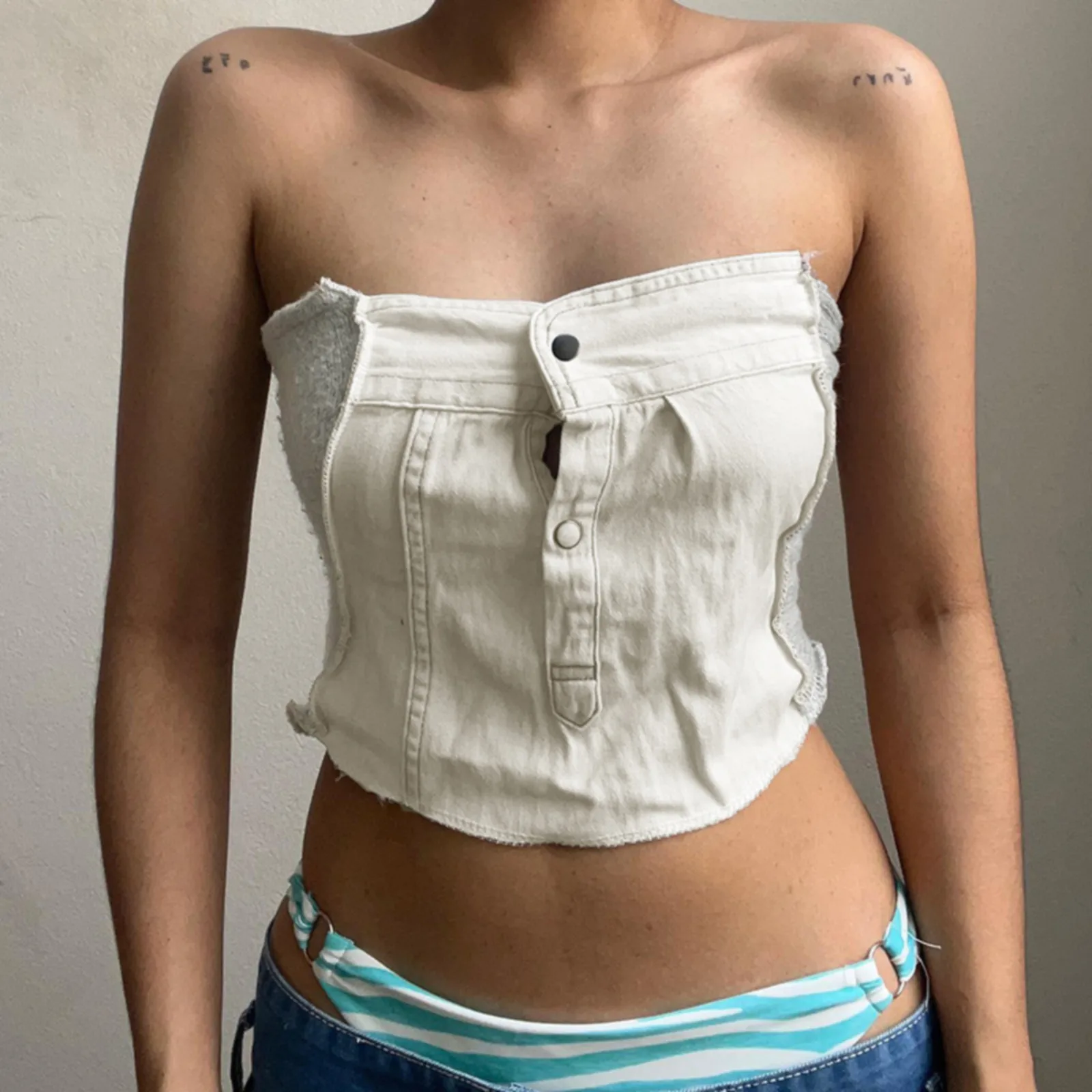

Summer Vintage Button Bandeau Tube Tops White Bandeau Women Girl Top