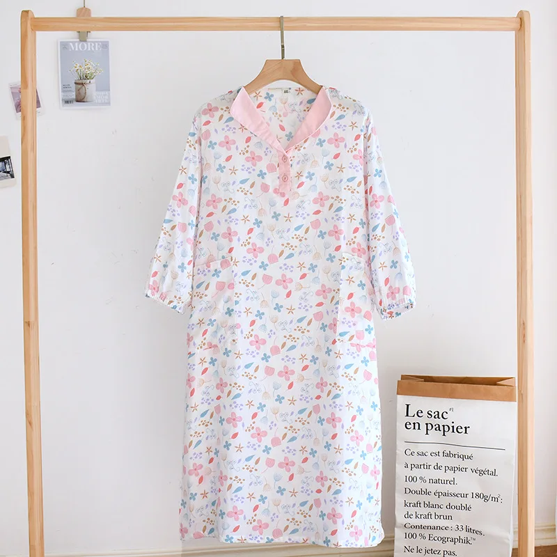 2023 New Spring/Summer Women's Sleeping Skirt 100% Cotton Gauze Long Sleeve Skirt Women's Sleeping Skirt Large Cute Home Dress