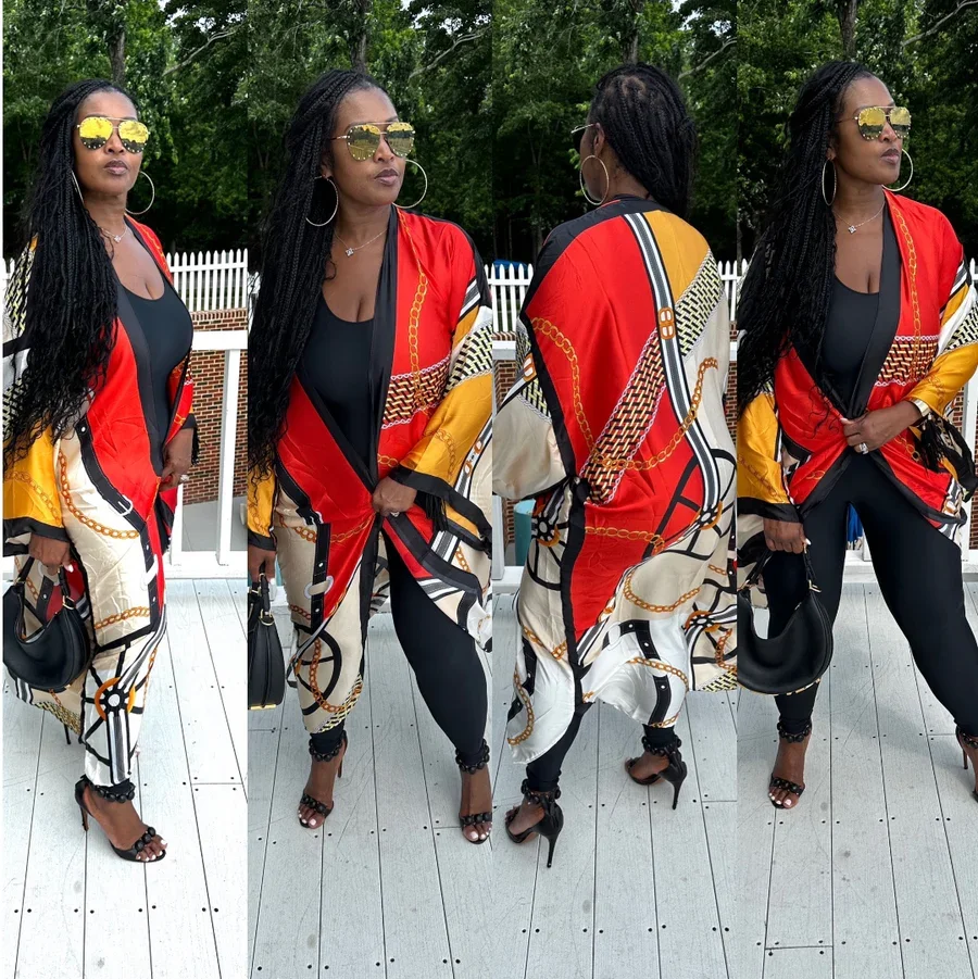 Африканская Летняя мода женский Шелковый Свободный длинный кардиган с принтом в