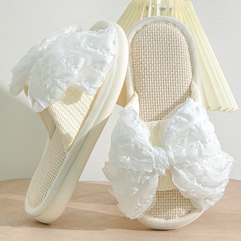 Шлепанцы женские льняные с бантом мягкая подошва открытый носок сланцы