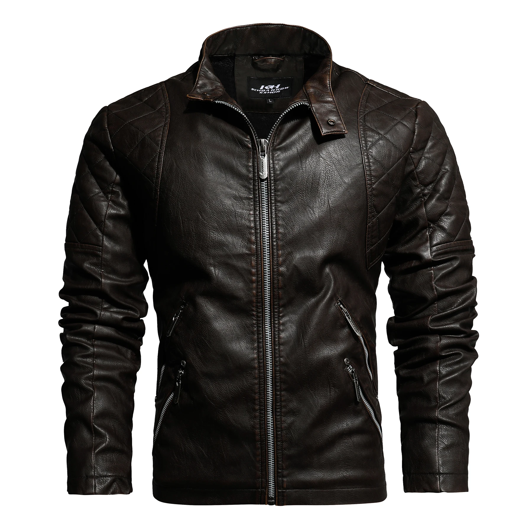 

Мужская кожаная куртка в европейском и американском стиле, Мужская Модная приталенная мотоциклетная куртка из искусственной кожи с плюшевой подкладкой