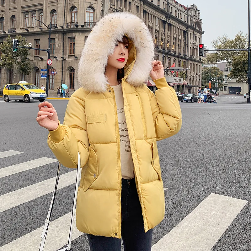 Fashion Winter Outerwear Ladies Cotton Hooded Jacket Loose Women Parka Long Sleeve Red Overcoat Faux Fur Collar Coat Plus Size