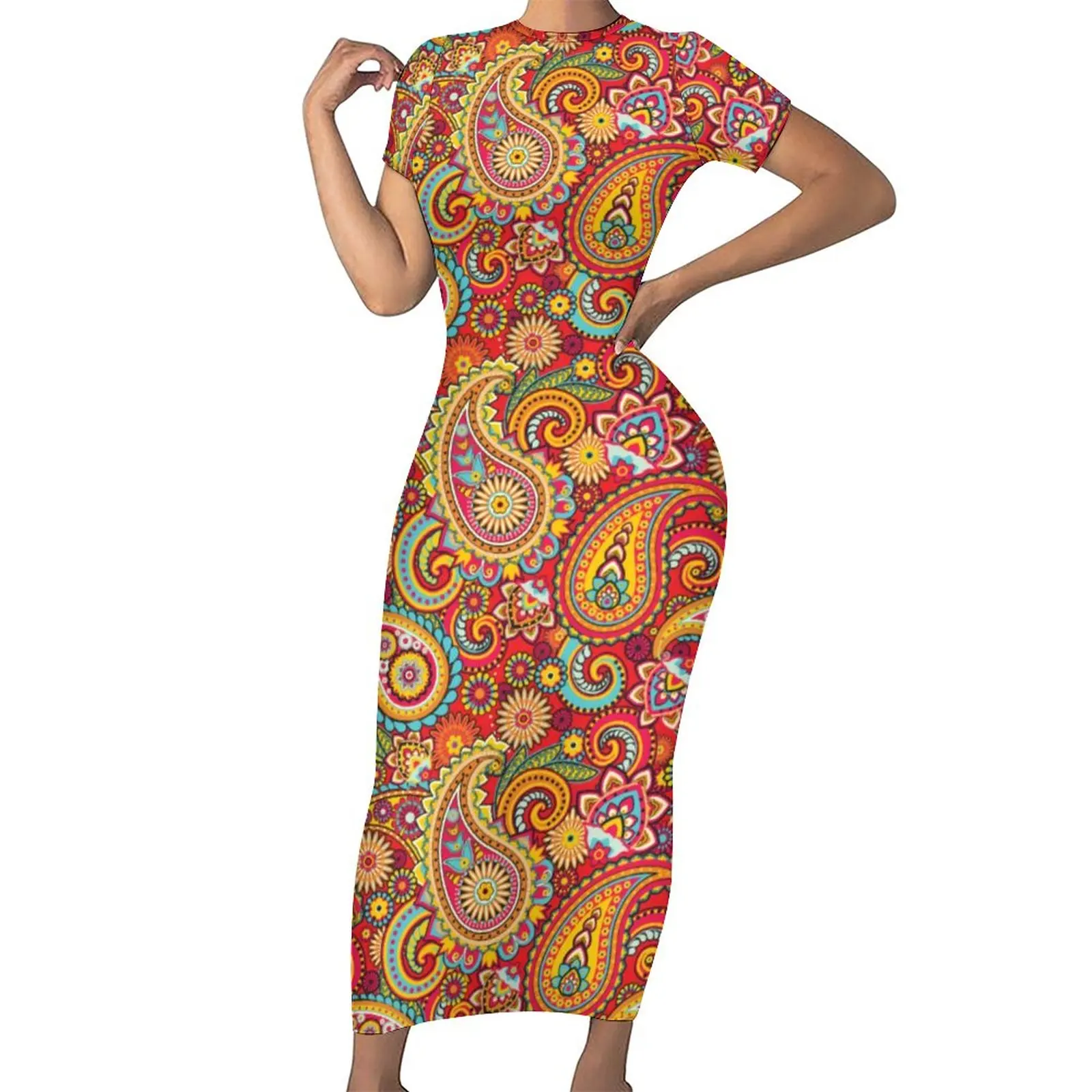 

Платье-макси с коротким рукавом и принтом пейсли, в стиле ретро