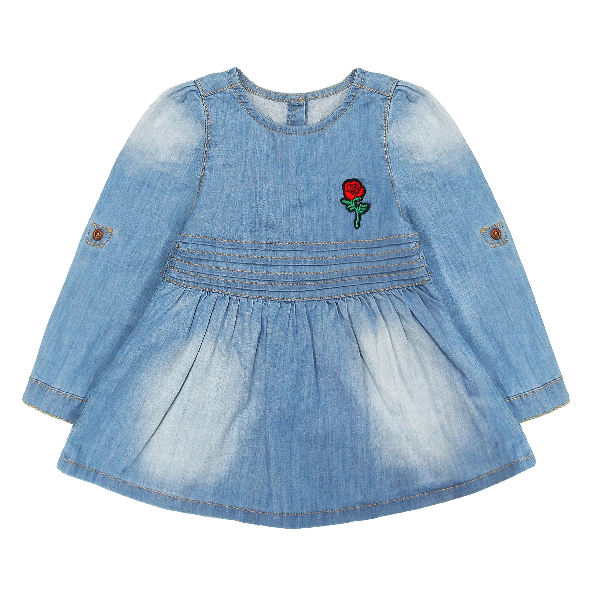 

KIDSCOOL SPACE Baby Little Girl Jean Coat Dress,Flower Bird Embroidered Pleated Denim Shirt
