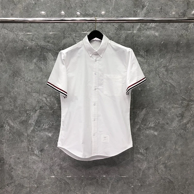 

TB THOM Shirt Spring Summer Brand Shoet Sleeve Men's Shirt RWB Cuff Stripe Casual Cotton Oxford Custom Slim Wholesale TB Shirt