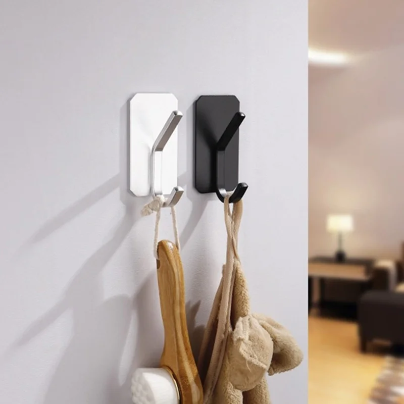 

No Drilling Double Hook Black White Towel Hook For Bathroom Clothes Coat Hook Bedroom Robe Hook Livingroom Bathroom Accessories