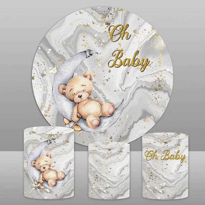 

Bear Moon Oh Baby Shower Circle Backdrop Cover Round Plinth Grey Gradient Marble Golden Shiny Decor Photography Background Props
