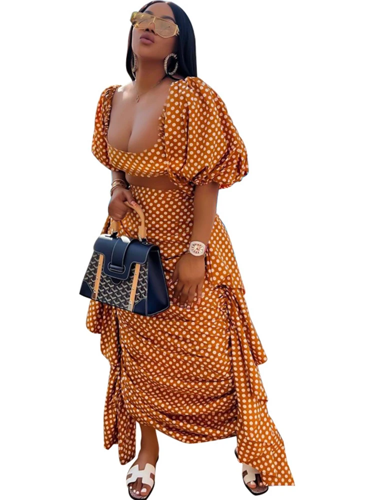 

African Skirts 2 Piece Sets Clothes Women Puff Sleeve Crop Tops Long Skirt Suit 2022 New Dot Print Drape Africa Clothing Outfits