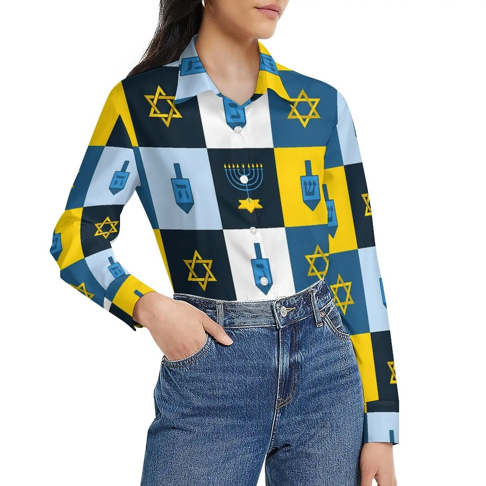 

Colorblock Blouse Check Print Trendy Printed Blouses Women Street Style Shirt Spring Long-Sleeve Oversize Top