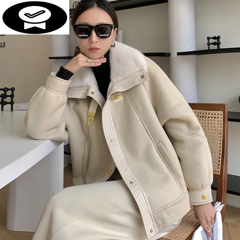 

Natural Sheepskin Leather 2023 Jacket Women Winter 100% Real Mink Fur Sheep Shearling Coat Female Casaco Feminino Gxy1207