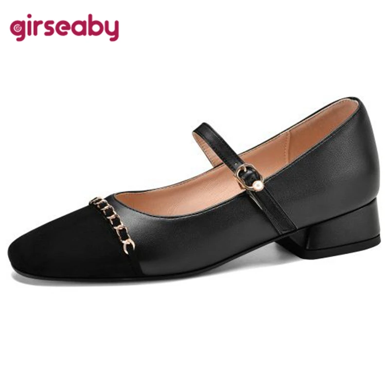 

Girseaby Spring Casual Ladies Shoes Buckle Strap Chain Pumps Round Toe Block Heels Sweet Women Big Size 31-43 Black Beige S3045
