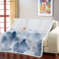 chinese style sherpa blanket 3d print mountain water landscape blanket home textile office nap weighted blanket