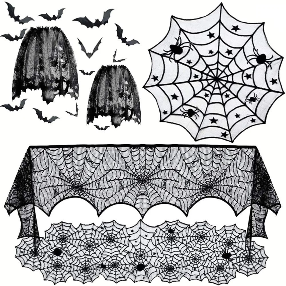 

Halloween Bat Table Runner Black Spider Web Lace Tablecloth Fireplace Curtain for Halloween Party Decoration Horror House Props