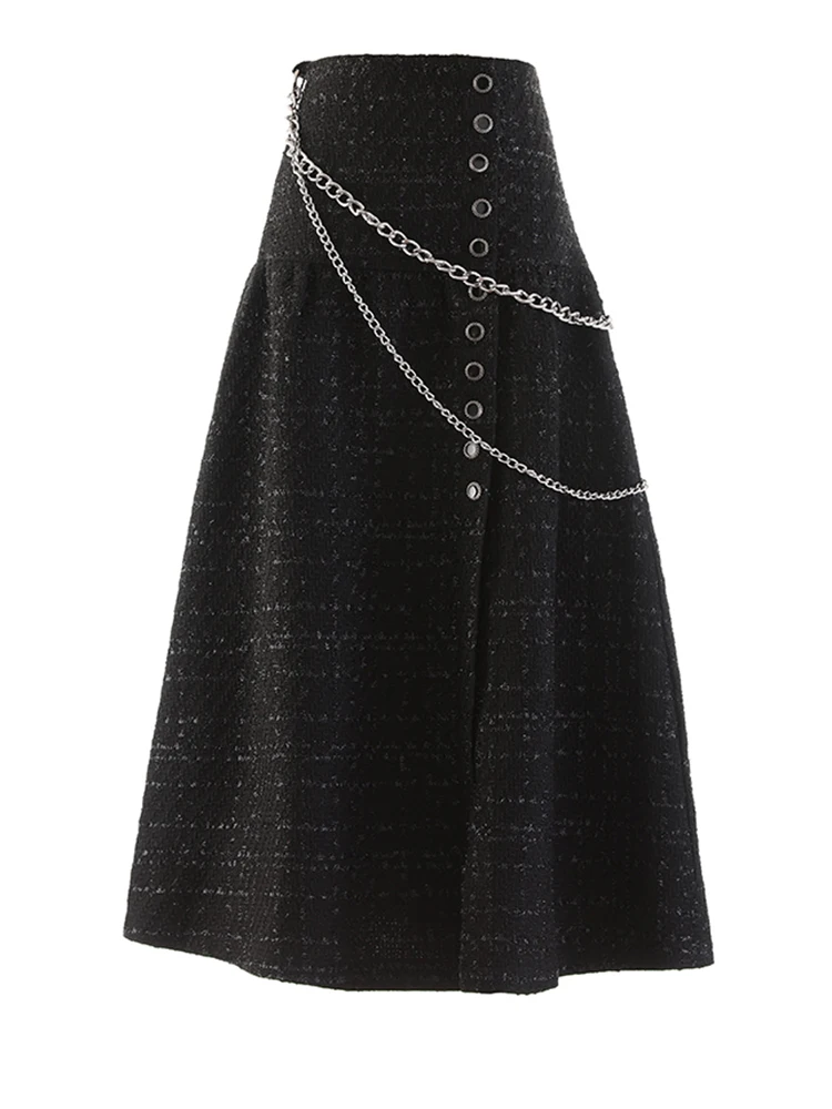 High Waist Metal Chain Long Elegant Tweed Woolen A-line Half-body Skirt Women Fashion Tide New Spring Autumn 2022 C289