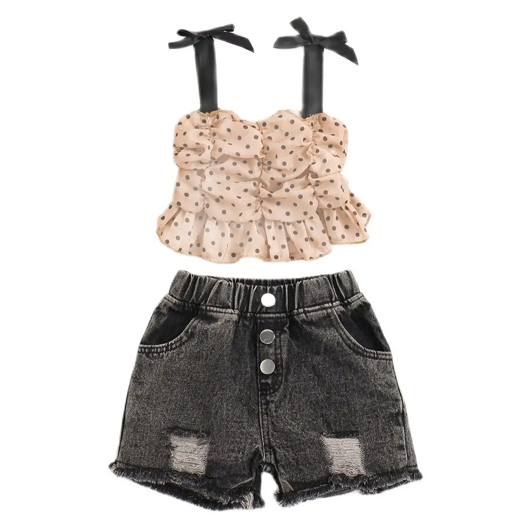 2022 комплекты летней одежды для девочек шифоновая майка на бретельках рваные