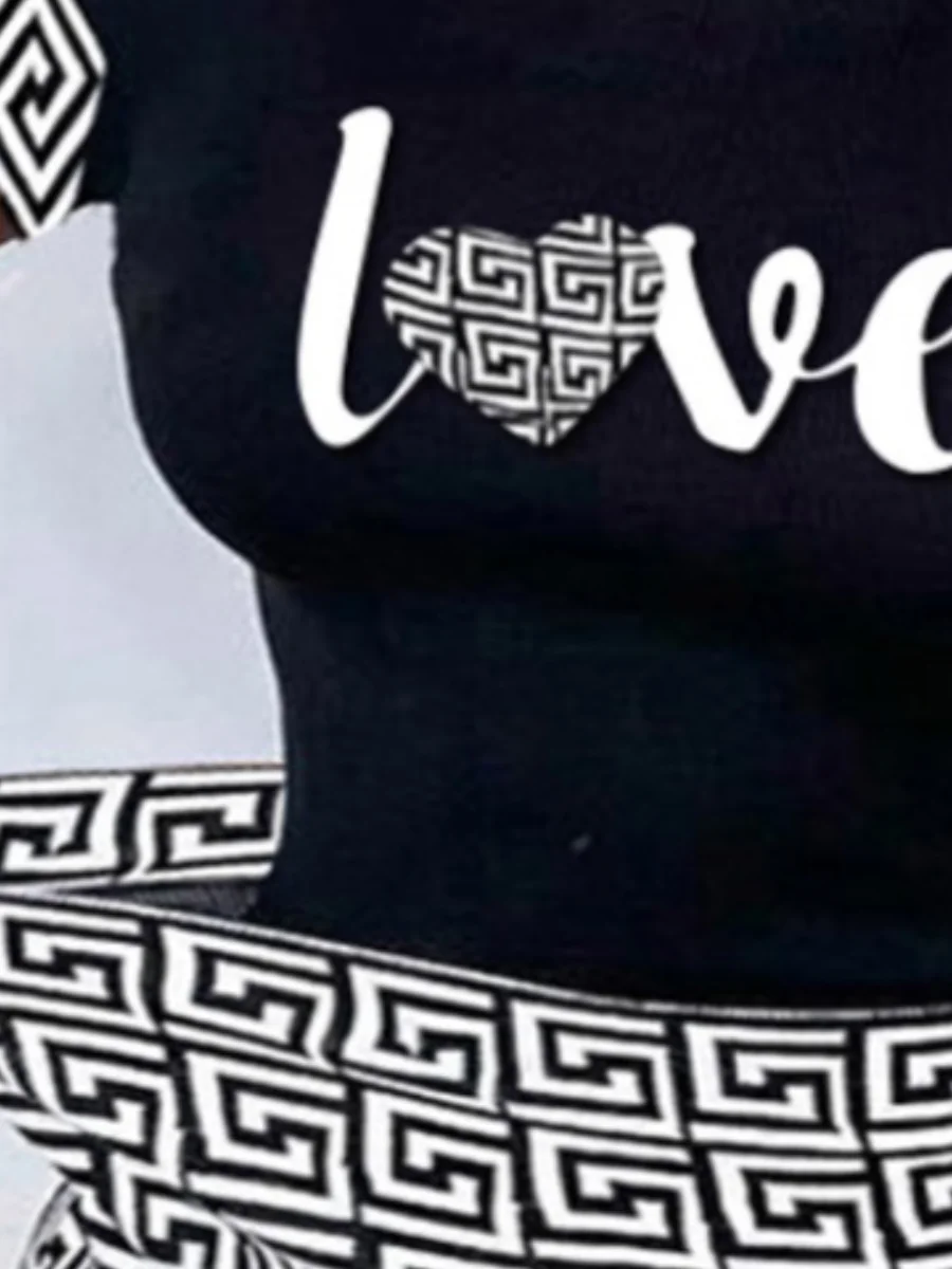LW Plus Size Mini Skirt Set Outfits Letter Geometric Print Skirt Set Short Sleeves Skirts 2 Pcs Set Sexy Slim Summer dress