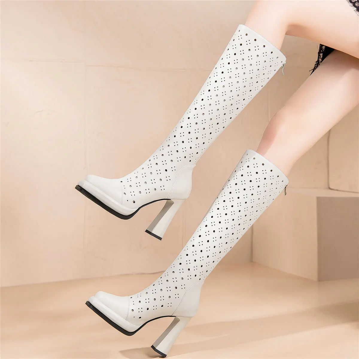 2023 Platform Pumps Shoes Women Hollow Genuine Leather High Heel Knee High Boots Female Round Toe Gladiator Sandals Casual Shoes