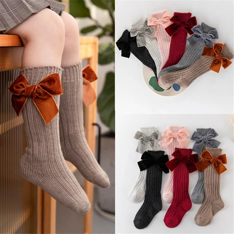 

Baby Girls Knee High Socks Kids Cotton Big Bow New Years Sock Solid Woolen Leg Warmers Girl Toddler Soft Long Socks For Children