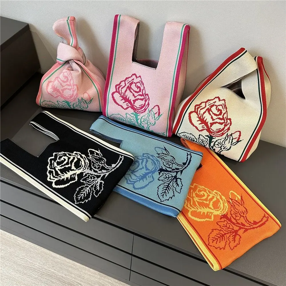 

Style Cosmetic Bag Cartoon Grocery Handbags Shopping Bag Flower Wrist Bag Shoulder Bag Rose Knitting Handbag Women Handbag