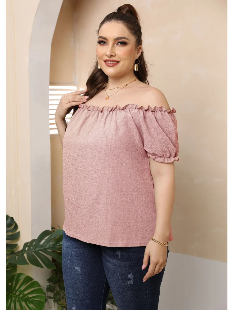 Women's wooden ear edge one line collar sexy off shoulder casual sweet short sleeved T-shirt plus size women clothing