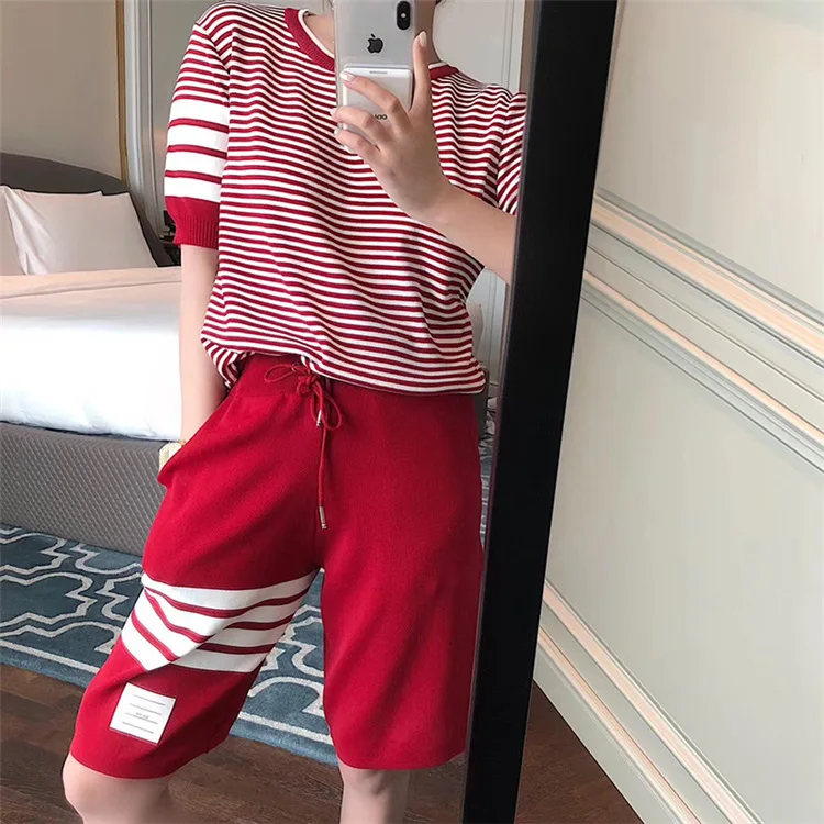 tb summer striped ice silk knitted round neck short-sleeved T-shirt loose slim casual five-point pants shorts sports suit