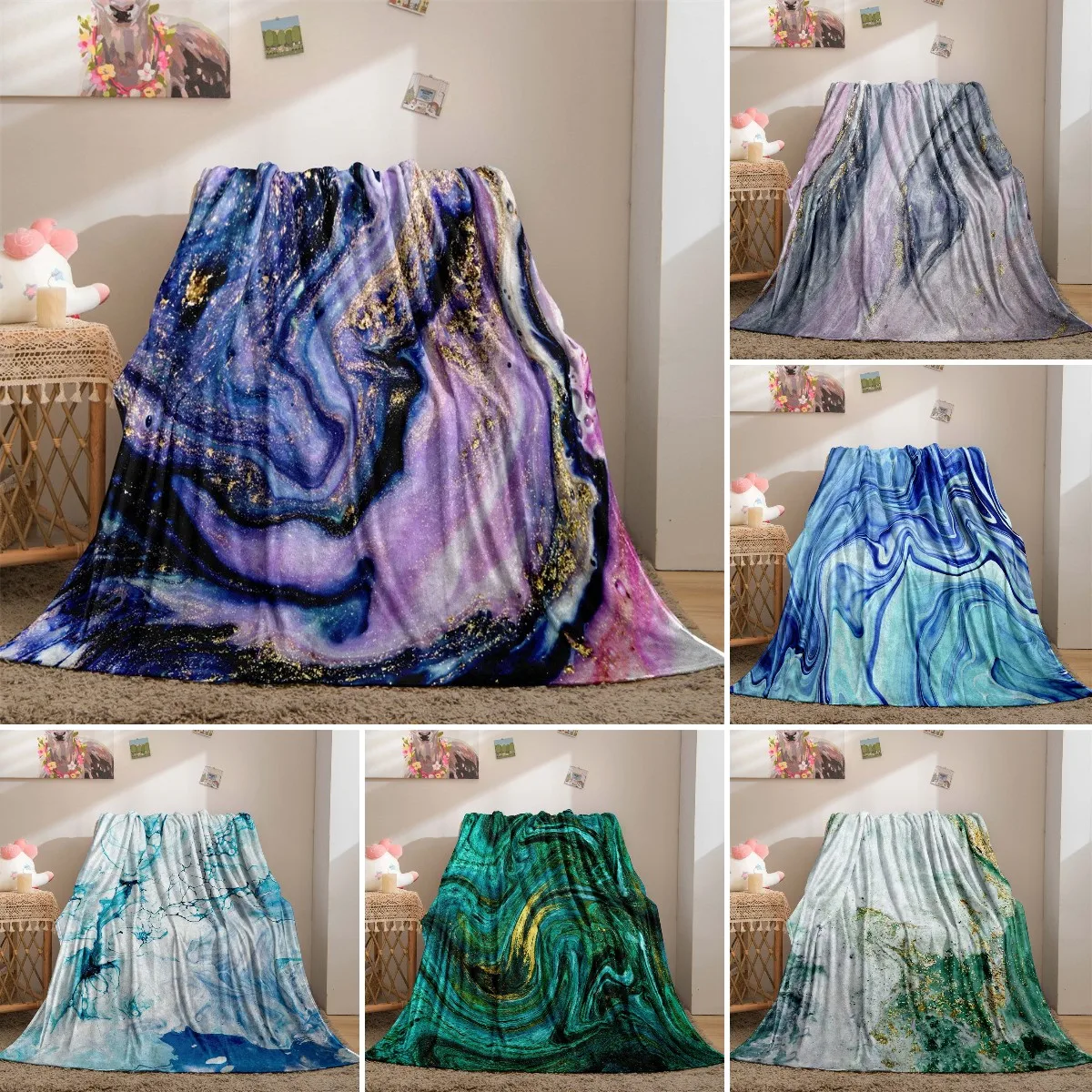 

Marble Blanket Purple Blue Bed Throw Blanket Abstract Pattern Soft Warm Lightweight Blanket for Bedroom Couch Sofa Queen Size