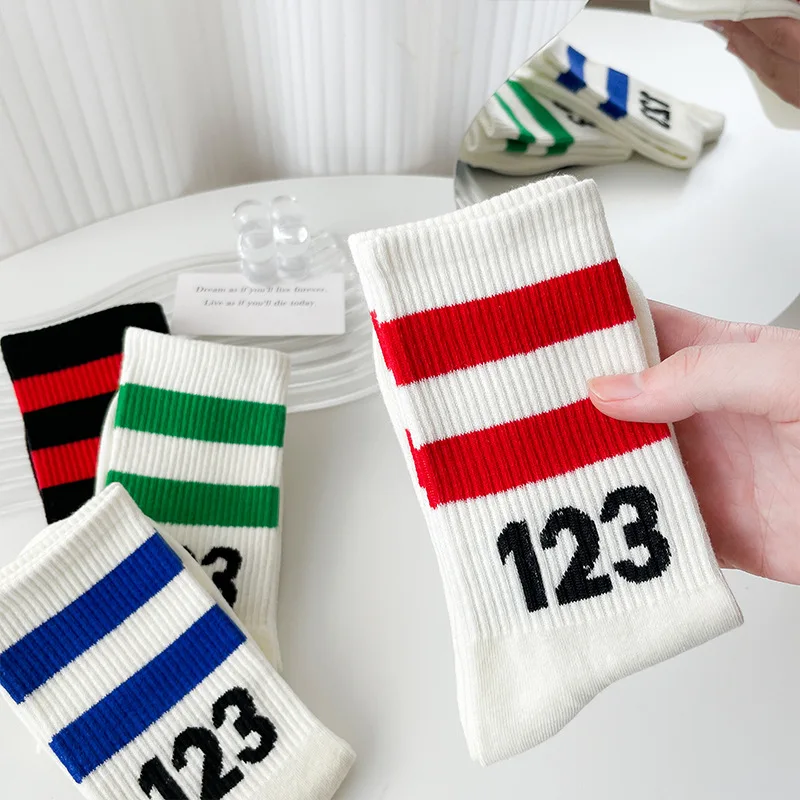10 Pairs High Quality Cotton Women Striped Socks Middle Sports Casual Sweat Absorbing Breathable 123 Digital Cotton Autumn Socks