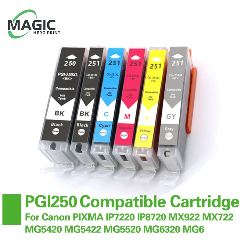 

Картридж для принтера Canon PIXMA IP7220 IP8720 MX922 MX722 MG5420 MG5422 MG5520 MG6320 MG6, совместимый с PGI250 PGI 250 CLI251, 6 шт.
