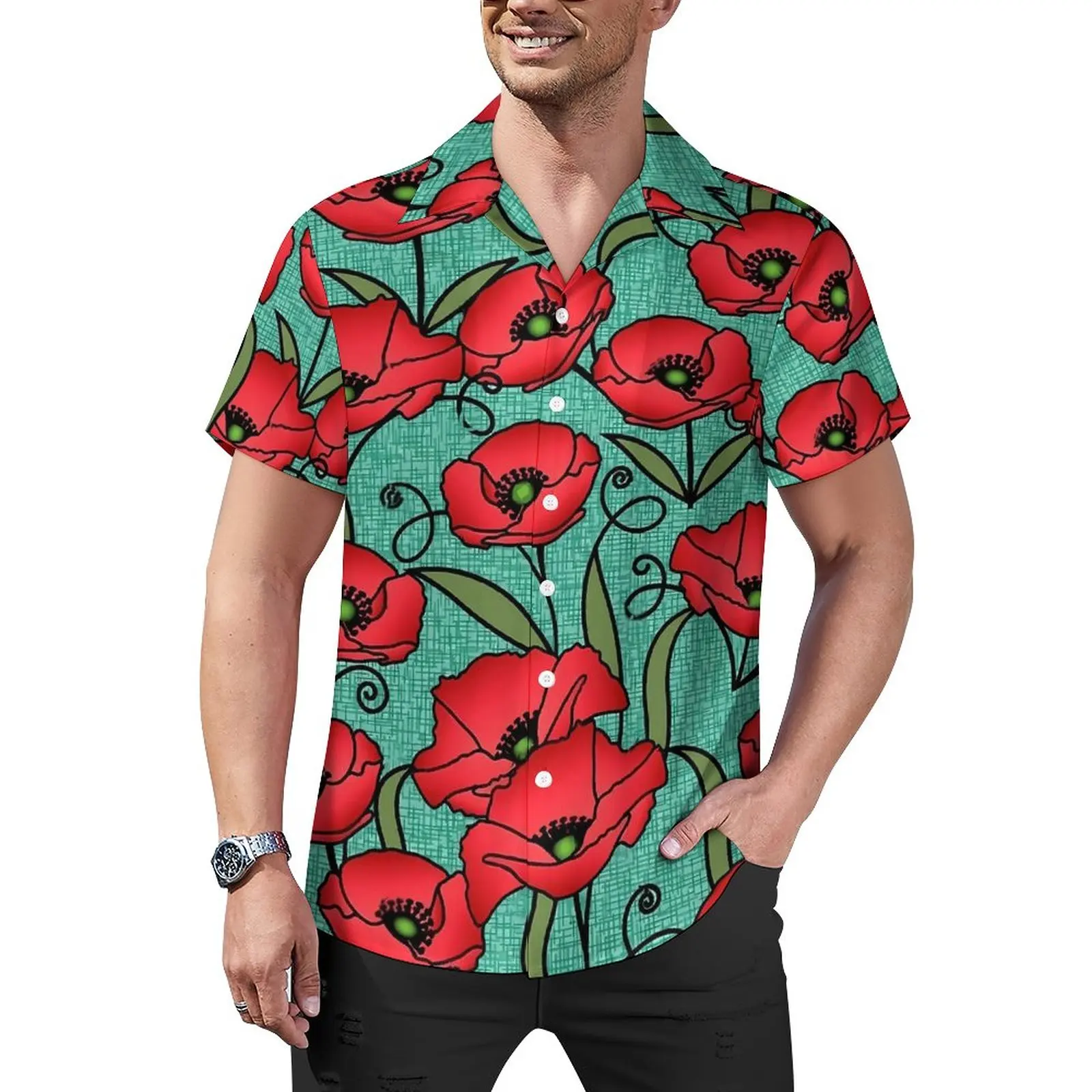 

Aqua Poppy Floral Blouses Mens Red Flower Print Casual Shirts Hawaiian Short Sleeve Printed Fashion Oversized Beach Shirt Gift
