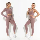 Бесшовный Женский комплект для йоги, тренировочная спортивная одежда, одежда для тренажерного зала, рубашка с длинным рукавом, бюстгальтер, укороченный топ, леггинсы с высокой талией, спортивный костюм