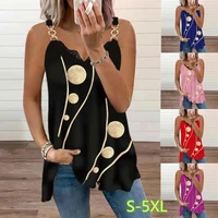 summer women fashion elegant cold shoulder chain strap sleeveless tank top v neck printed casual streetwear loose top