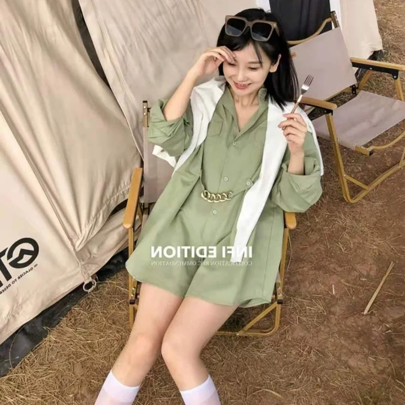 QWEEK  Female Blouse Korean Style Chic Woman Shirt Harajuku Green Top Oversized Long Sleeve Tunic streetwear Fashion alt clothes