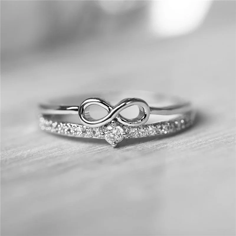 

Luxury Metal Silver Plated Figure 8 Mini Ring Set with White Zircon Women Double Pop Ring