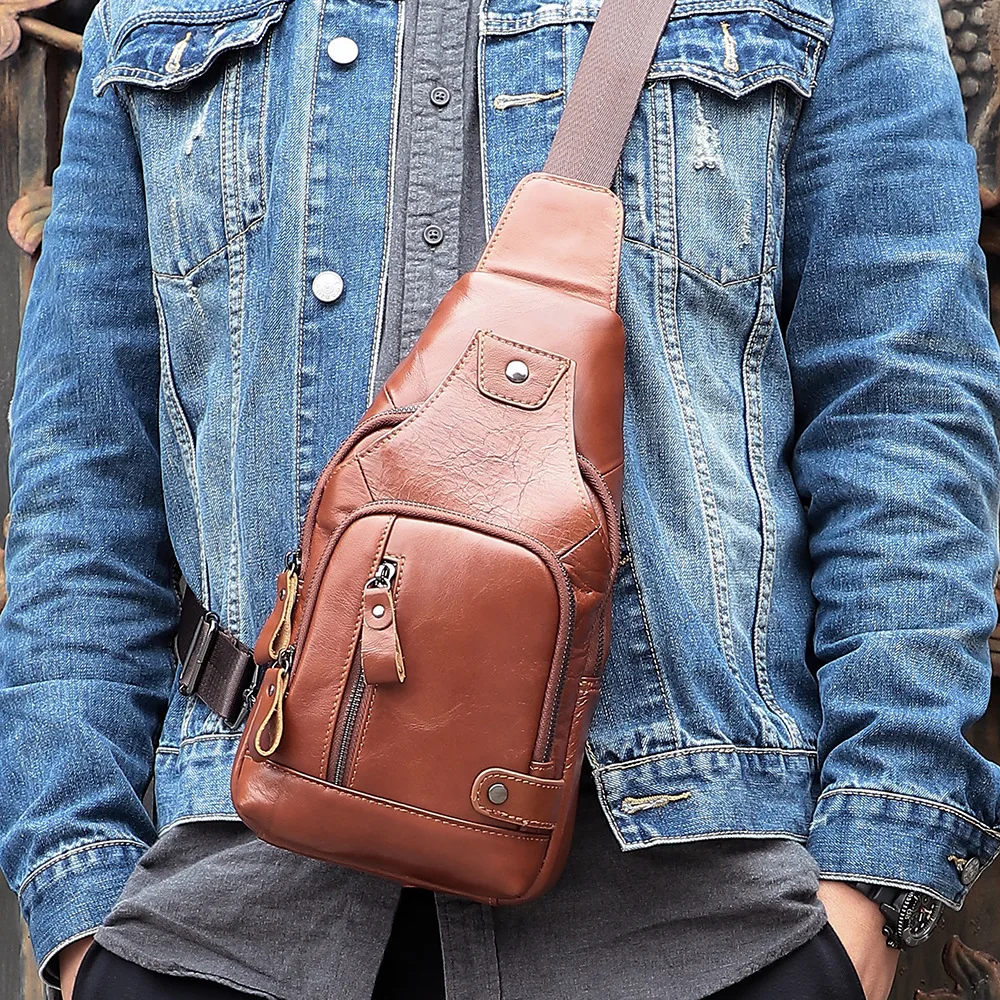 Fashion Cowhide Genuine Leather Waterproof Casual Daypack Sling Shoulder Chest Crossbody Bag for Men Outdoor Hiking Backpack