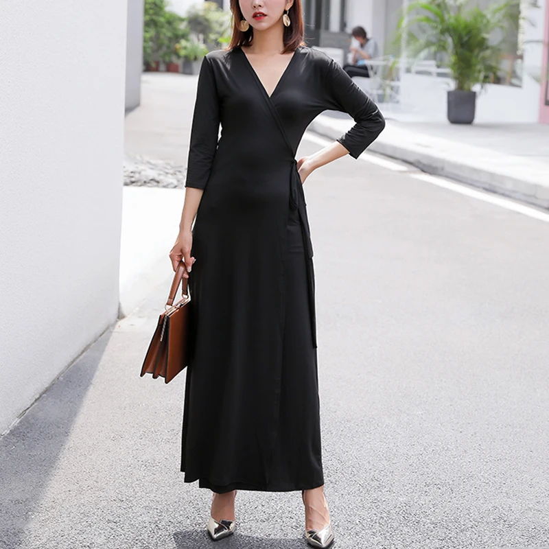 

Solid Black Wrap Maxi Dresses V Neck Belted-up Collect Waist Side Split Elastic Slim One Piece Long Dress Party Wear Streetwear