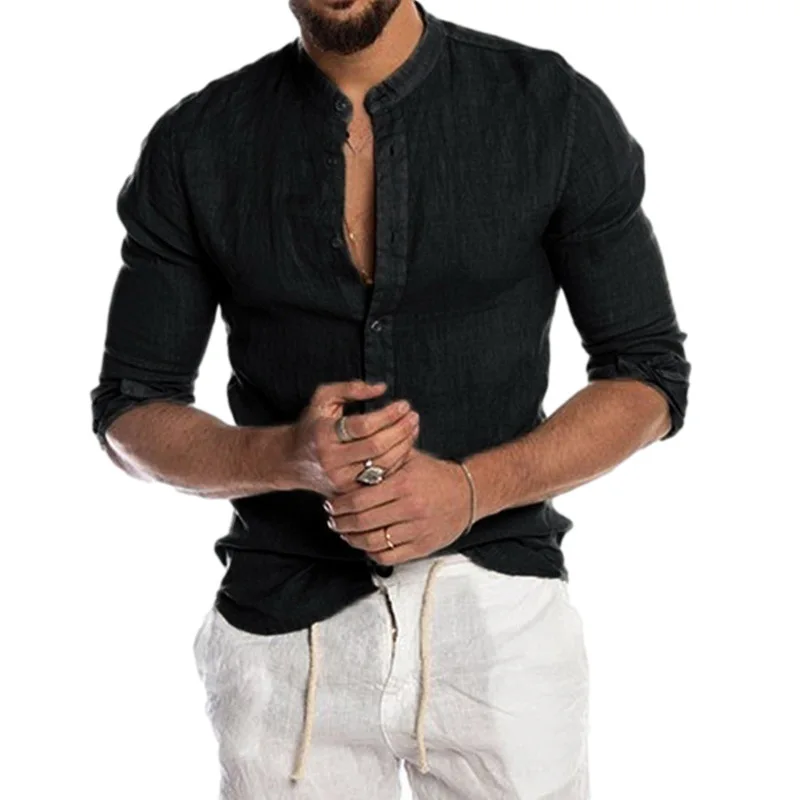 Linen Shirts Mens Casual Cardigan Long Sleeve Shirts Stand Collar Slim Shirts for Men Fashion Clothing Trends Hawaiian Shirts