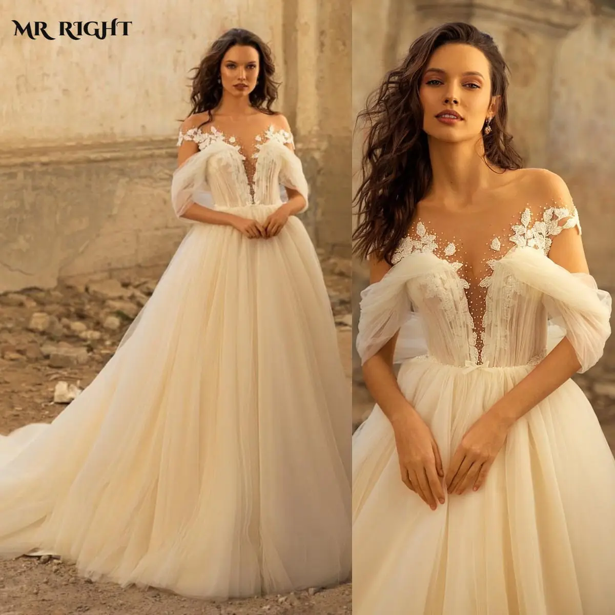 

Tulle Bohemia Wedding Dresses For Women Boho V Neck Beaded Floral Applique A-Line Bride Gowns Vestidos De Novia Sweep Train