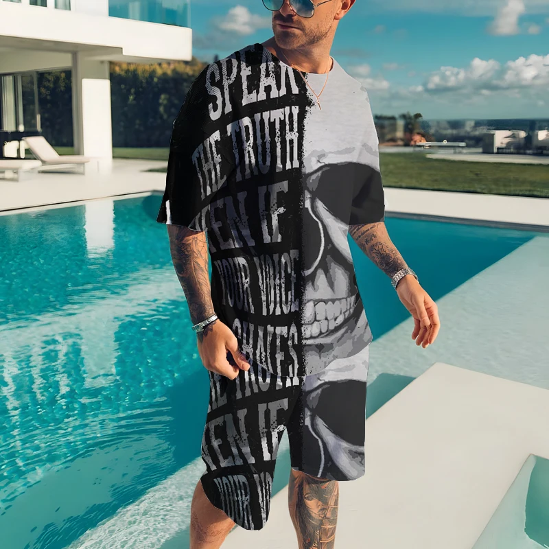 Skull Printed T-Shirt Set Summer Men's Two-piece Suit Fashion Streetwear Luxury Large Size Sportswear Short Sleeve Shorts Outfit