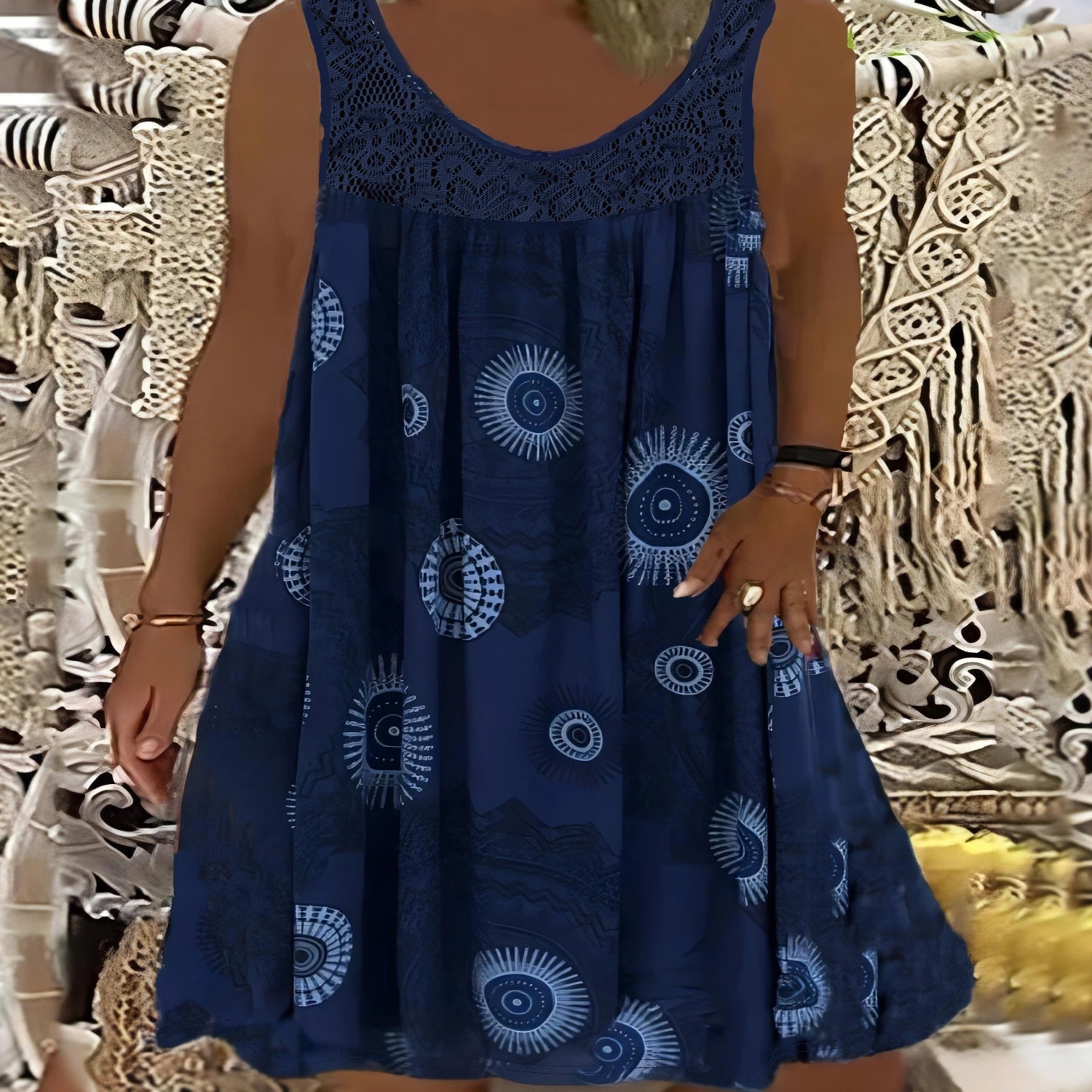 Plus Size Eyelet-Embroidered Tank Dress - Sleeveless Geometric Print Vacation-Ready with Contrast Lace All-Season Comfort
