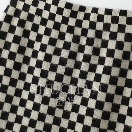 Женская трикотажная юбка из чистого кашемира черная клетчатая длинная с