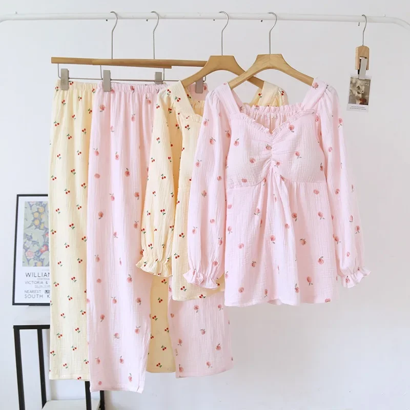 Пижамный комплект с длинным рукавом пуловер V-образным вырезом Женская марлевая