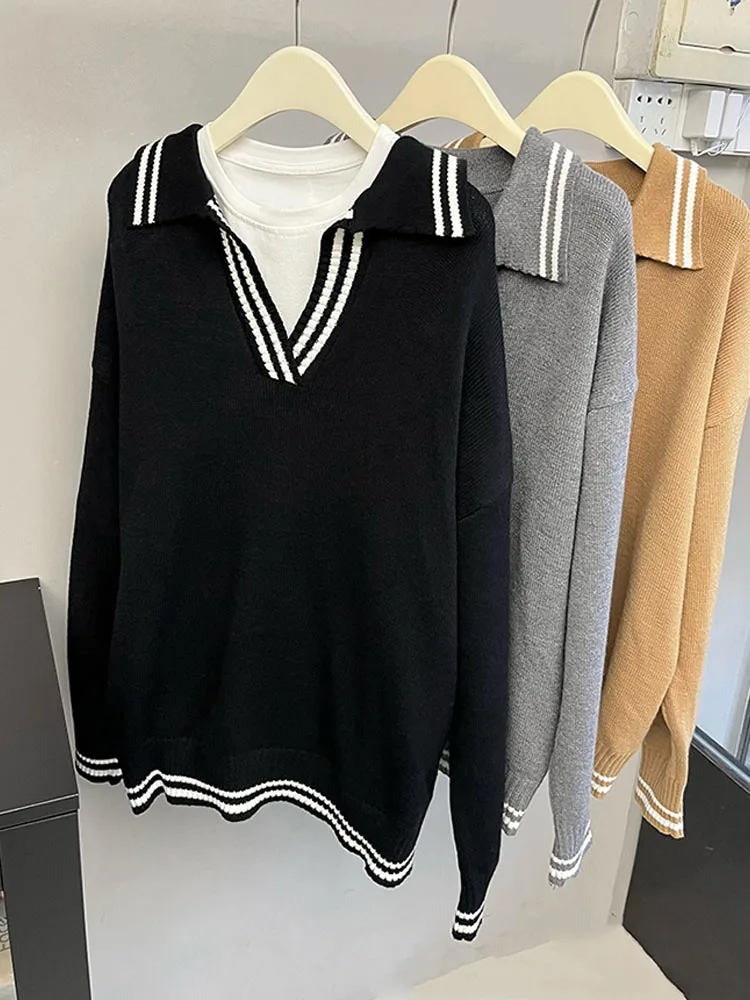 

2022 Autumn Winter Women Loose Sweater Turn-down Collar Preppy Style Knit Pullover Female Soft Cozy BF Style Knitwear Vintage