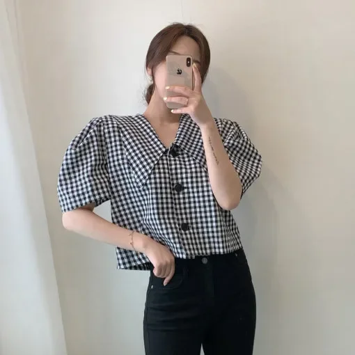 Осень 2024 Новое поступление клетчатая однобортная рубашка с пышными рукавами в