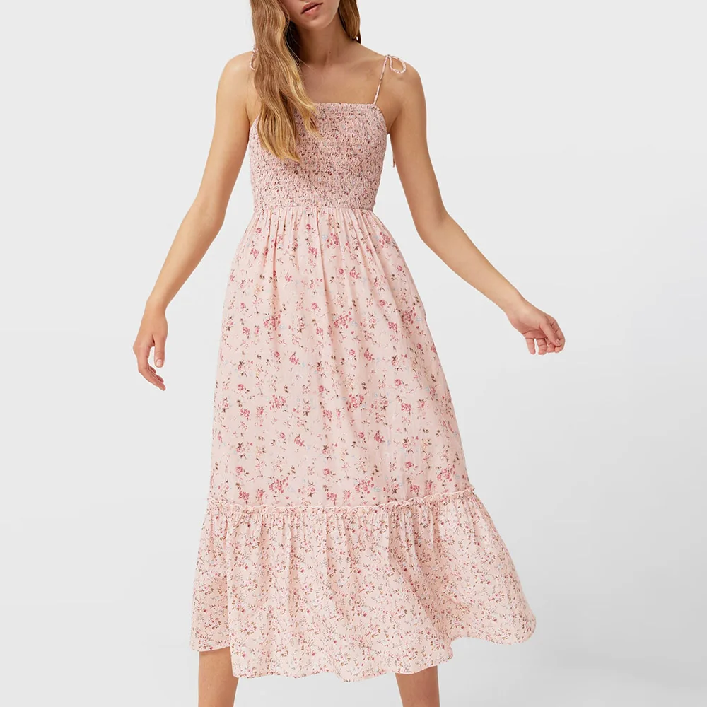 

Women Spaghetti Strap Dress Floral Print Summer Fashion Sleeveless Sweet Party Fairy Dating Holiday Beach Dress Pink Girl Young