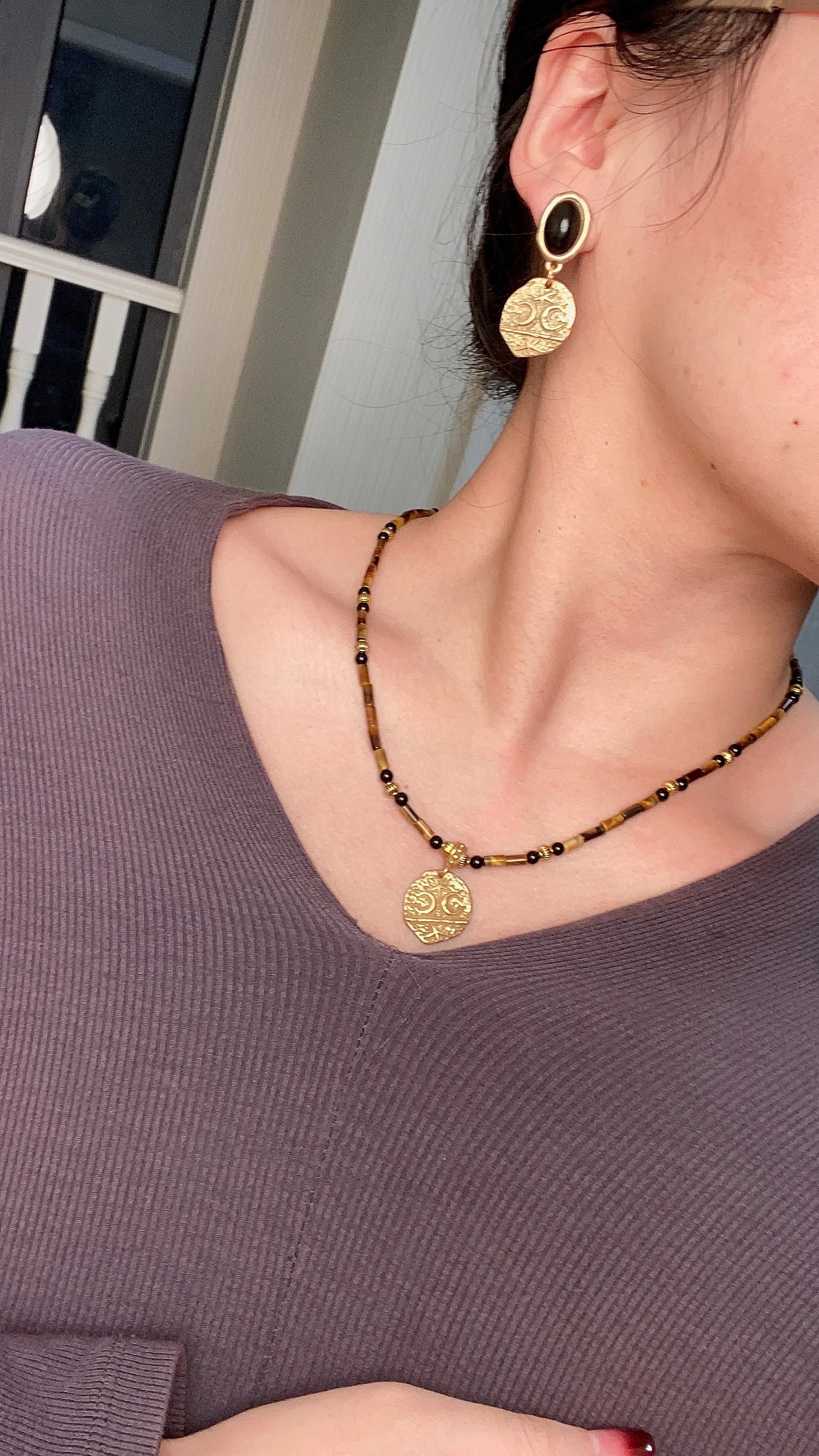 Серьги из натурального тигрового глаза и камня винтажное ожерелье черного