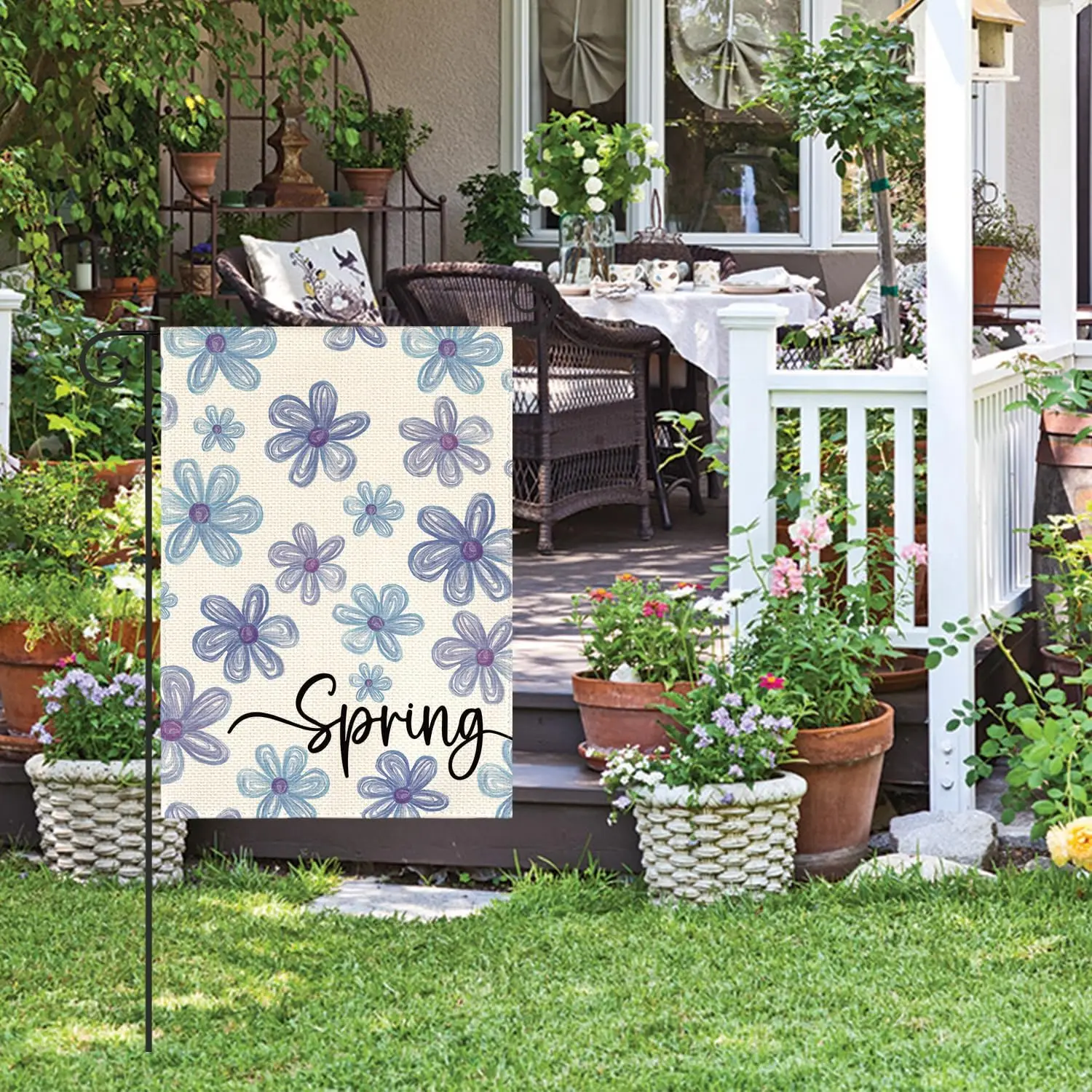 Фото Флаг AVOIN colorlife Spring Floral Garden, 12x18 дюймов, двусторонний, для улицы, с сезонными сине-фиолетовыми цветами, в деревенском стиле, для двора, SSL №2