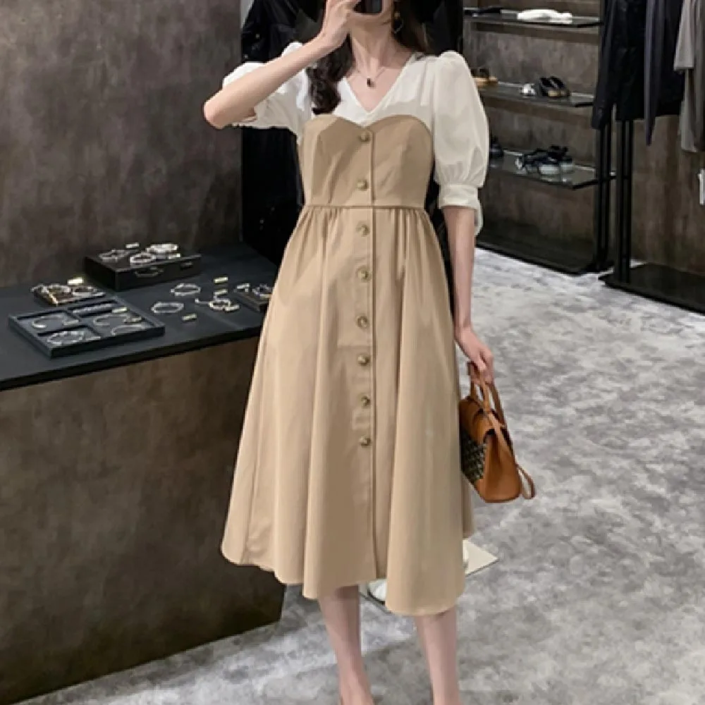 

Женское винтажное платье-миди с рукавами-фонариками, V-образным вырезом