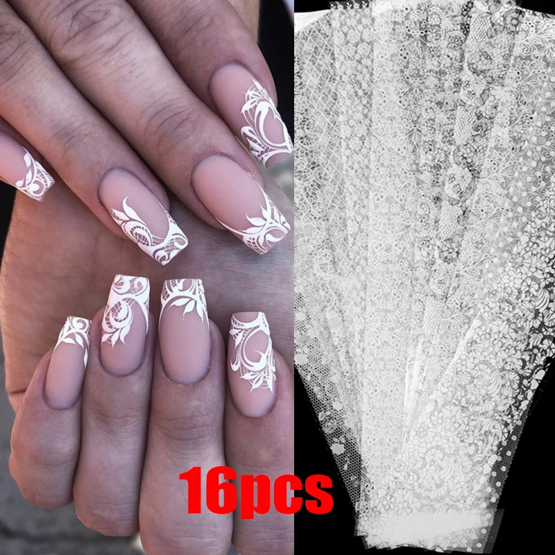 

16 Sheet Black White Flower Lace Nails Sticker Star Love Flowers Transfer Paper Sticker for Manicure Designer DIY Decoration