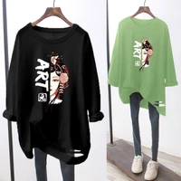 loose casual fashion bottoming hole shirt long sleeve round neck all match cartoon print t shirt graphic tee woman tshirts