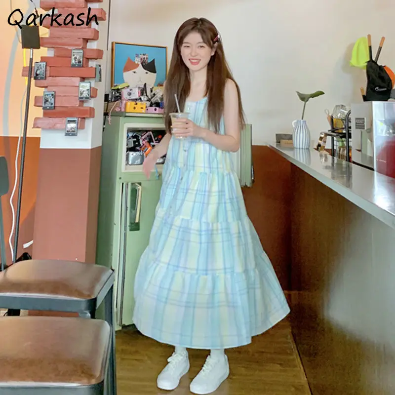

Sleeveless Dress Women Plaid Sundress Midi Holiday Tender Retro Sweet Girlish Summer Young Elegant Romantic Vestidos Females Ins